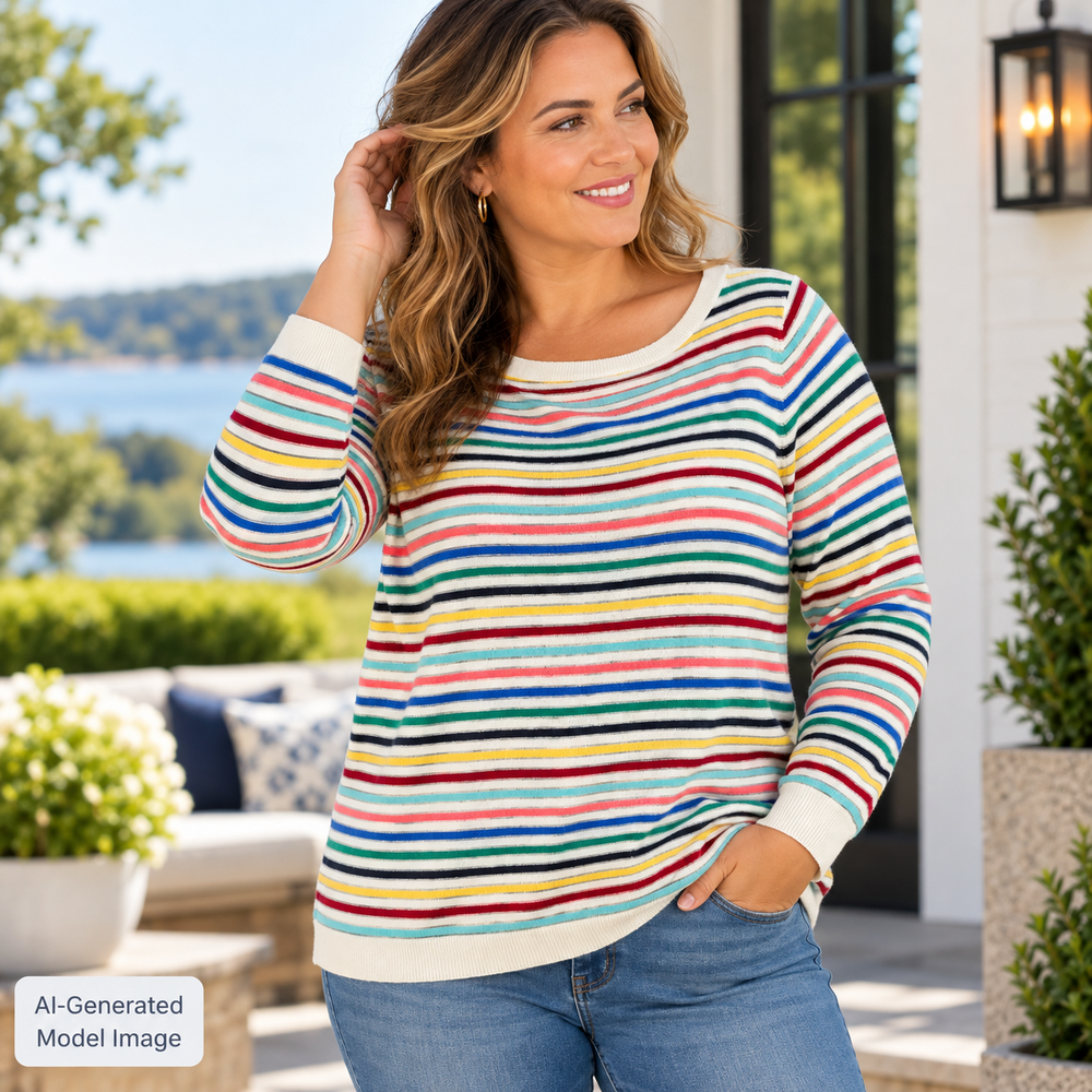 Talbots Sweater Women XL Off White Comfy Colorful Metallic Silver Shimmer Stripe